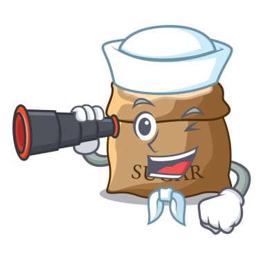 Denizci ile dürbün maskot vektör çizim üzerinde bu çuvala şeker