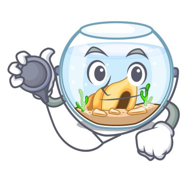 Doktor çizgi film Japon balığı bir içinde fishbowl vektör çizim üzerinde