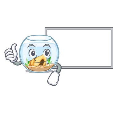 Başparmak ile Yönetim Kurulu çizgi film Japon balığı bir içinde fishbowl vektör çizim üzerinde