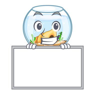 Yönetim Kurulu çizgi film Japon balığı ile sırıtarak bir içinde fishbowl vektör çizim üzerinde