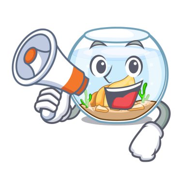 Megafon çizgi film Japon balığı ile bir içinde fishbowl vektör çizim üzerinde