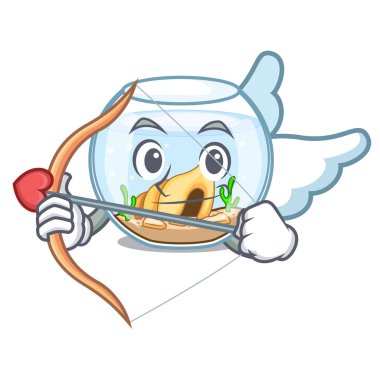 Aşk tanrısı çizgi film Japon balığı bir içinde fishbowl vektör çizim üzerinde