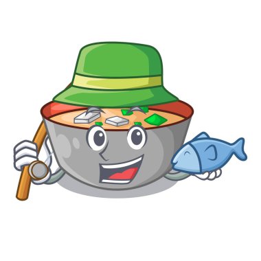 Miso çorbası kase tablo karakter vektör çizim üzerinde balık tutma