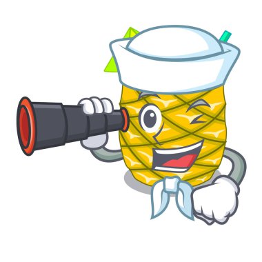 Denizci karakter içki vektör çizim üzerinde dürbün ananas meyve suyu ile