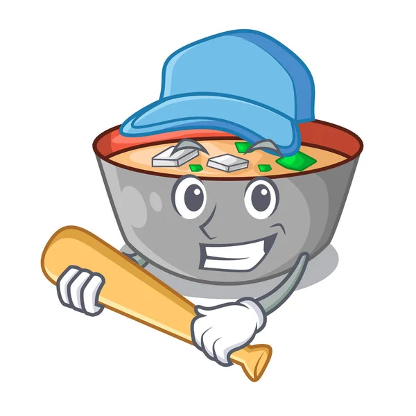 Jouer Baseball Japonais Soupe Miso Dans Bol Dessin Animé Illustration — Image vectorielle