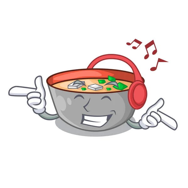 Listening Music Miso Soup Bowl Table Character Vector Illustration — Stock Vector