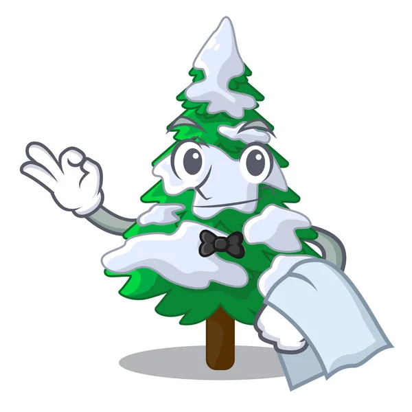 Waiter Realistic Fir Tree Snow Mascot Vector Illustration — Stock Vector