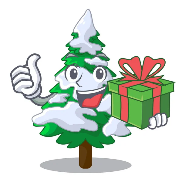 Avec Cadeau Sapin Réaliste Dans Neige Mascotte Vectorielle Illustration — Image vectorielle