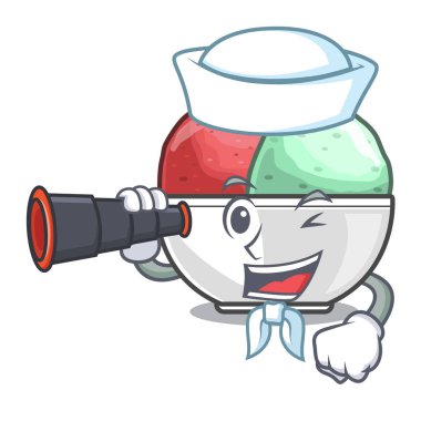 Denizci sorbe izole maskot vektör çizim içinde dürbün kepçe