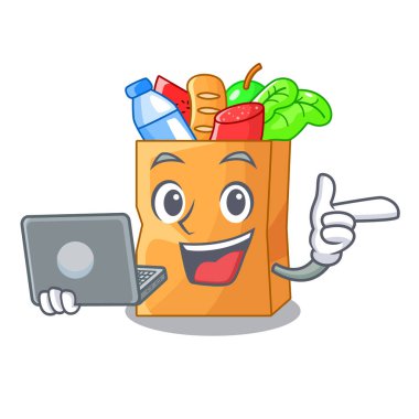 Dizüstü bilgisayar gıda torbası paket şekli çizgi film vektör çizim ile