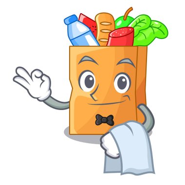 Garson gerçekçi yiyecek bir çanta karakter vektör çizim