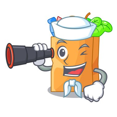 Denizci bir çanta karakter vektör çizim dürbün gerçekçi gıda ile