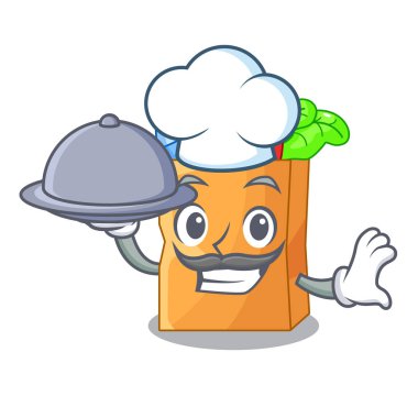 Şef yiyecek bir çanta karakter vektör çizim gerçekçi gıda ile