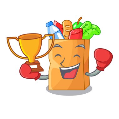 Boks şampiyonu gıda torbası folyo veya kağıt karikatür vektör çizim