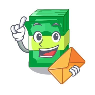 Maskot vektör illüstrasyon izole dolar Zarf yığını ile