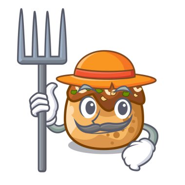 Çiftçi karikatür Takoyaki fırında yangın vektör çizim içinde pişirme