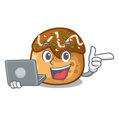 Dizüstü karikatür Takoyaki fırında yangın vektör çizim içinde pişirme