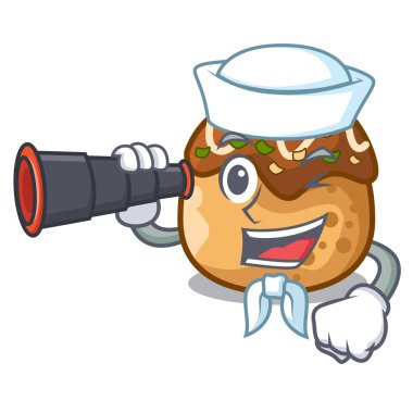 Denizci bir maskot vektör çizim üzerinde dürbün takoyaki topları diisolasi ile