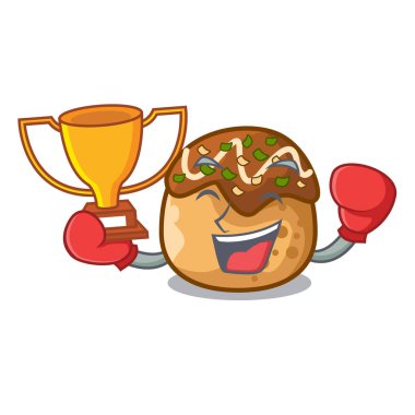 Kazanan takoyaki şekil topları boks bir çizgi film illüstrasyon vektör