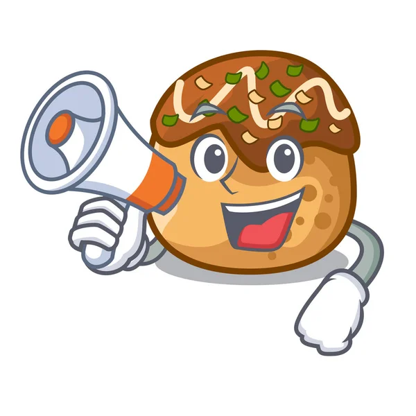 Dengan Kartun Megaphone Memasak Takoyaki Dalam Ilustrasi Vektor Api Panggang - Stok Vektor