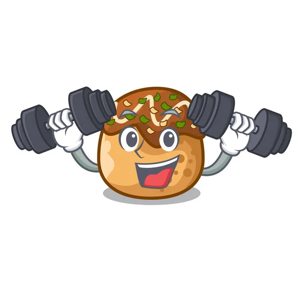 Fitness Cartoon Kochen Takoyaki Gebackenem Feuer Vektor Illustration — Stockvektor