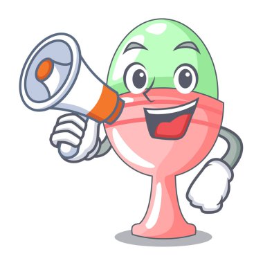 Megafon ile haşlanmış yumurta Kupası maskotu vektör illüstrasyon izole