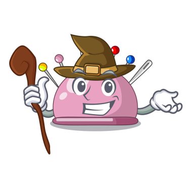 Cadı dikiş iğne ve iğne yastığı maskot vektör çizim üzerinde