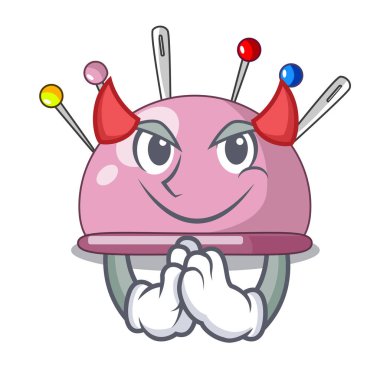 Şeytan dikiş iğne ve iğne yastığı maskot vektör çizim üzerinde