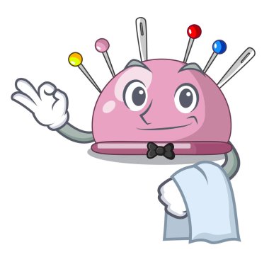 Garson dikiş iğne ve iğne yastığı maskot vektör çizim üzerinde