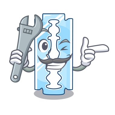 Mekanik tek jilet karakter ahşap masa vektör çizim üzerinde