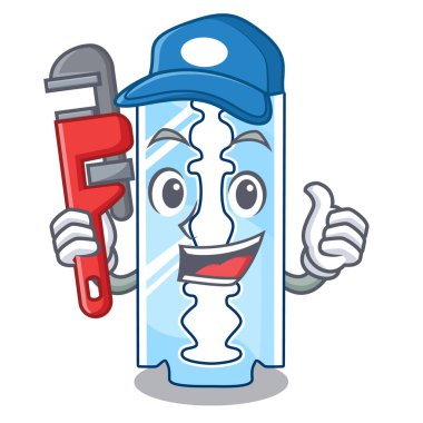 Tesisatçı tek jilet karakter ahşap masa vektör çizim üzerinde