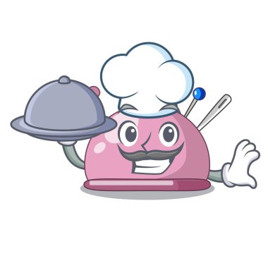 Şef gıda dikiş iğne ve iğne yastığı maskot vektör çizim üzerinde