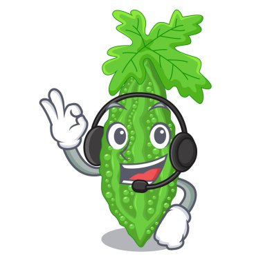 Kulaklık momordica acı kavun ile armut karikatür vektör çizim üzerinde