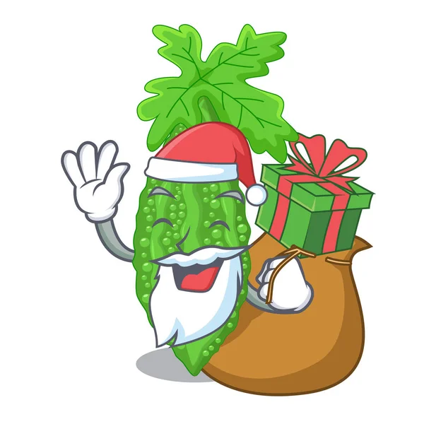 Kerstman Met Cadeau Momordica Bitter Meloen Peer Cartoon Vectorillustratie — Stockvector