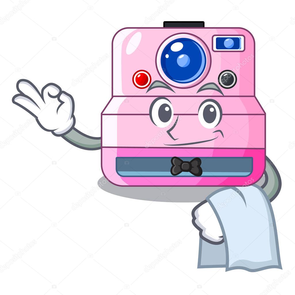 Waiter instant camera in a shape character vector illustration