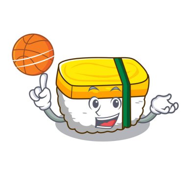 Basketbol tamago suşi ile göl kenarında bir maskot vektör çizim üzerinde