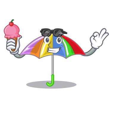 Bir maskot vektör illüstrasyon izole dondurma gökkuşağı şemsiye ile