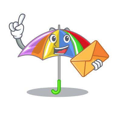 Bir maskot vektör illüstrasyon izole zarf gökkuşağı şemsiye ile