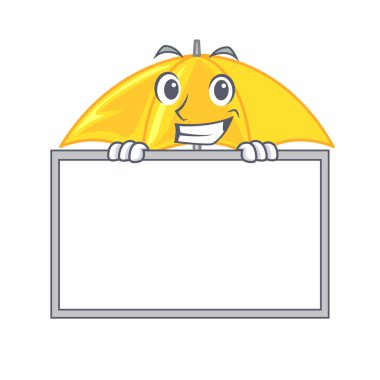 Bir maskot vektör illüstrasyon izole sarı tahtası şemsiye ile sırıtarak