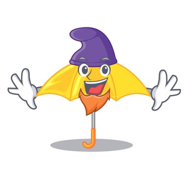 Bir maskot vektör illüstrasyon izole elf sarı şemsiye