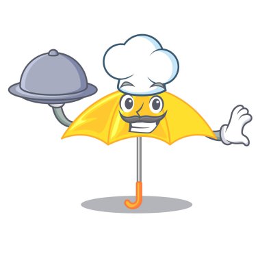 Şef gıda ile sarı karakter vektör çizim üzerinde güzel açık şemsiye