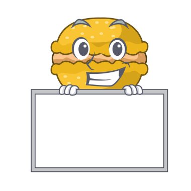 Bir maskot vektör illüstrasyon izole kurulu muz macarons ile sırıtarak