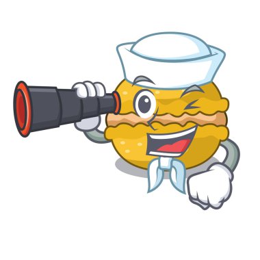 Denizci karakter komik vektör çizim üzerinde dürbün macarons muz ile