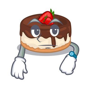 Maskot vektör çizim üzerinde kremalı kek çilek bekliyor