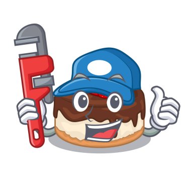 Tesisatçı kek çilek kremalı maskot vektör çizim üzerinde