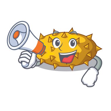 Megafon kiwano meyveler ile karikatür tablo vektör çizim üzerinde