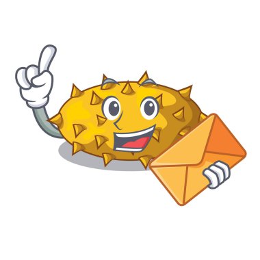 Zarf ile Kiwano izole maskot vektör çizim üzerinde meyve.