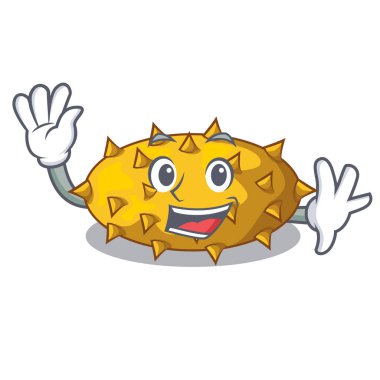 Meyve Kiwano maskotu vektör çizim üzerinde izole sallayarak