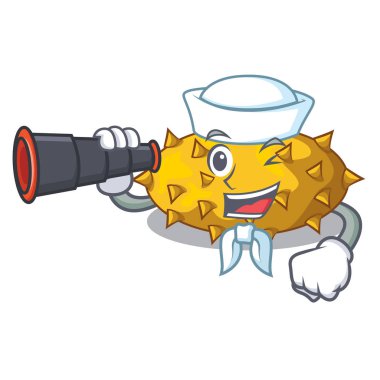 Denizci dürbün kiwano meyve şeklinde bir çizgi film vektör çizim ile