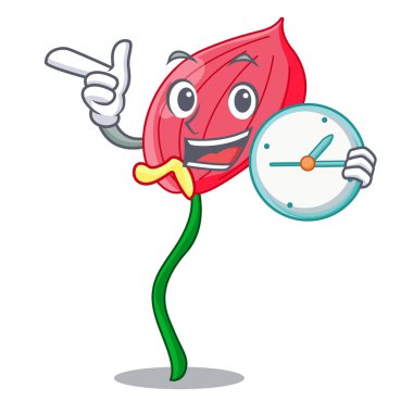Maskot vektör illüstrasyon izole saat pembe antoryum çiçek ile